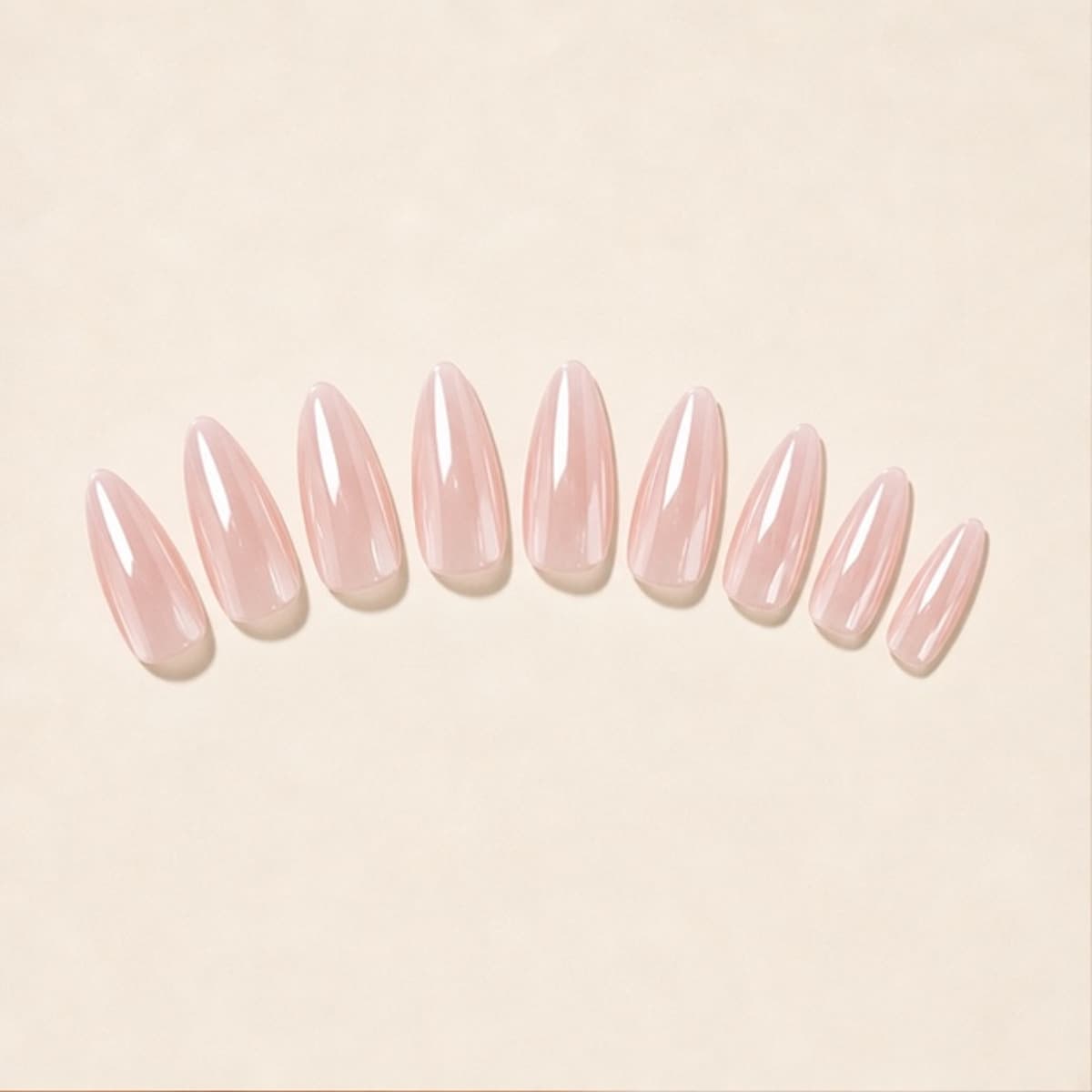 Aurore blush ribbon French press-on nail set arranged in a fan on an ivory background