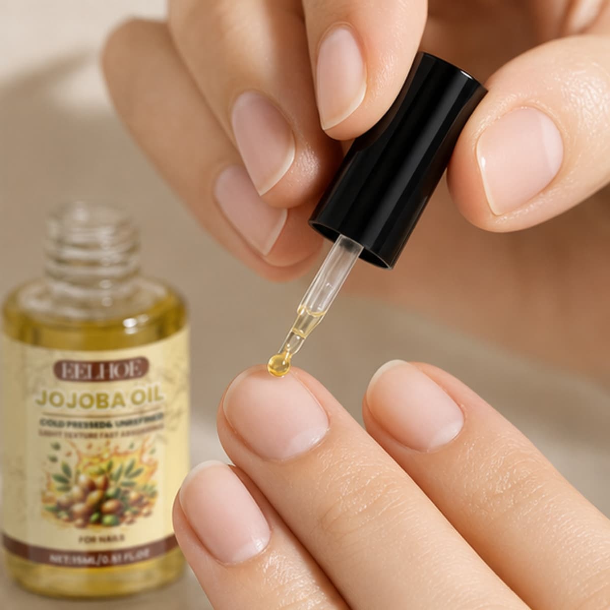 Huile de Jojoba shown in correct use in the Lunara editorial style