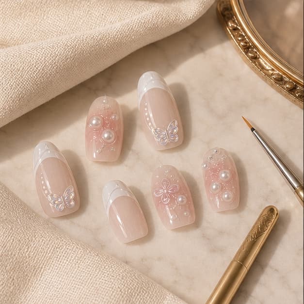 Lunara nail samples, fine brush, ivory linen and a gold mirror on pale marble