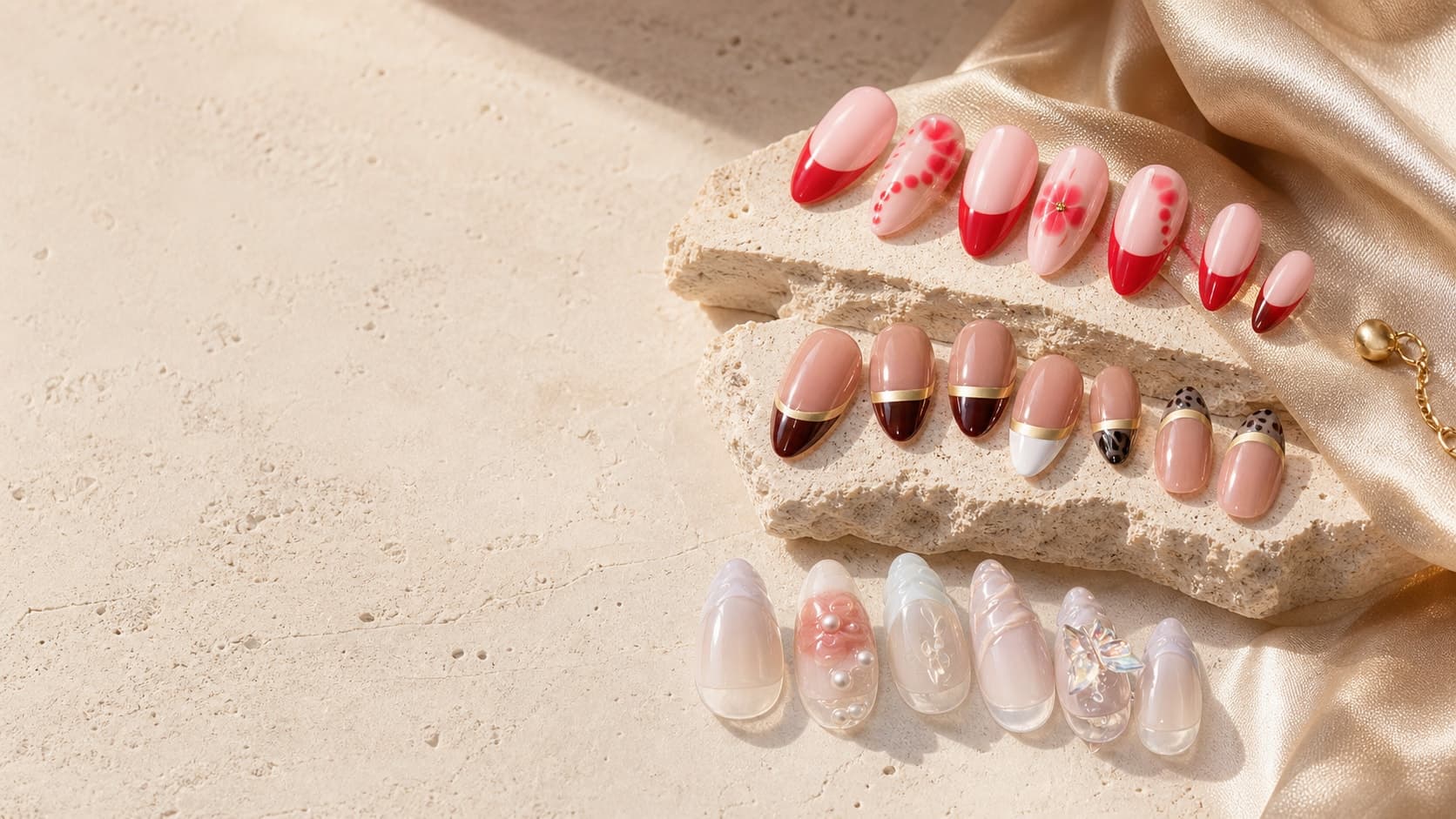 Rubis, Duchesse and Fleur press-on nail designs arranged on travertine and ivory silk