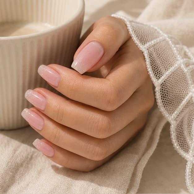 Nacre blush shimmer press-on nails worn during an everyday coffee moment